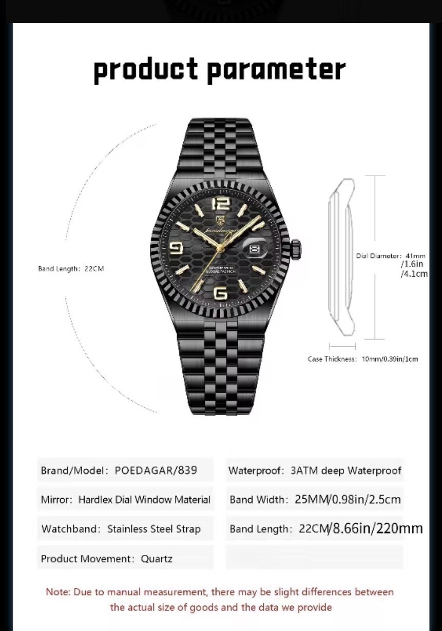 POEDAGAR Men’s Analog Quartz Watch 41mm SS Bracelet 3ATM Luminous Honeycomb