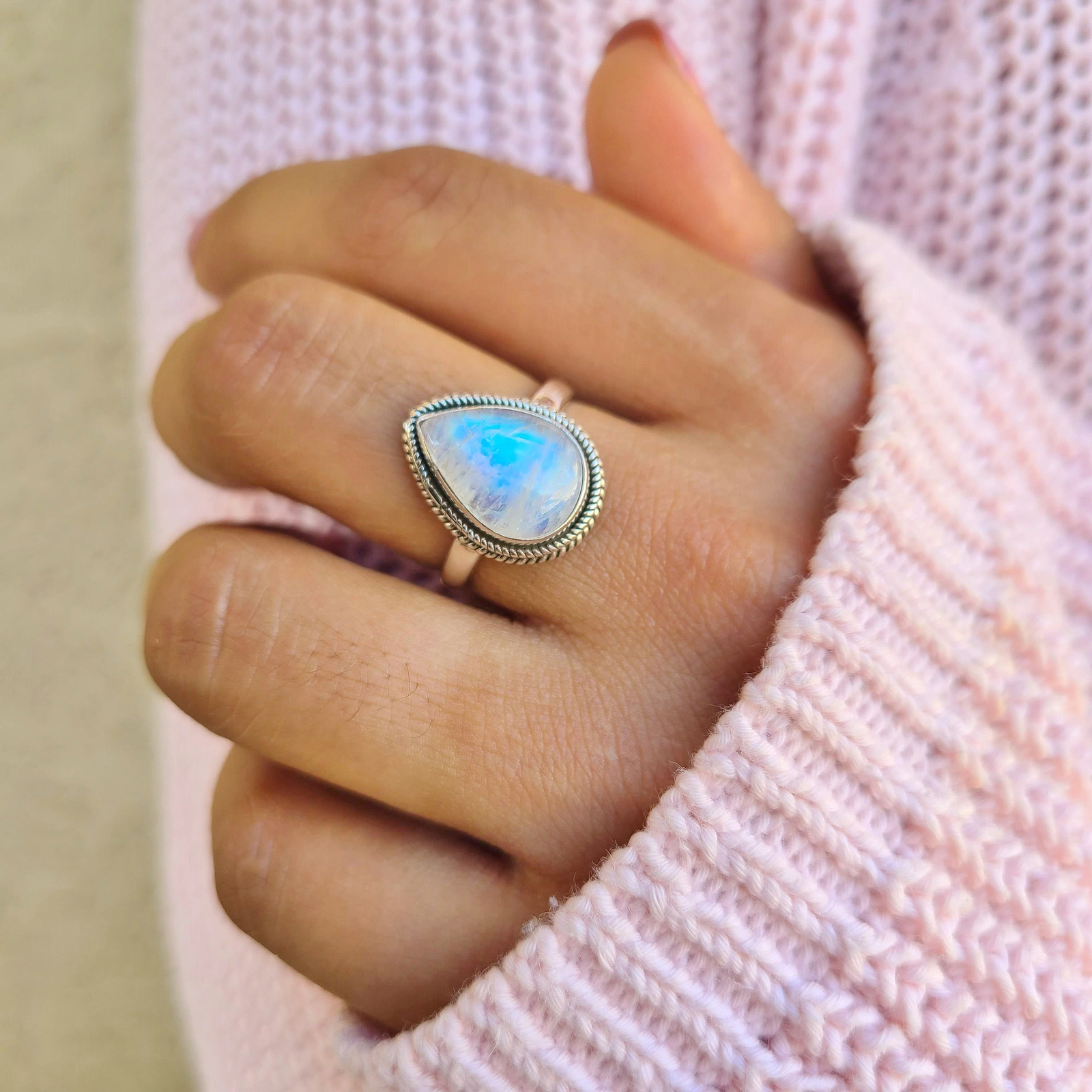 Genuine Moonstone 925 Sterling Silver Pear Shaped Ring Hand Made Ships From USA