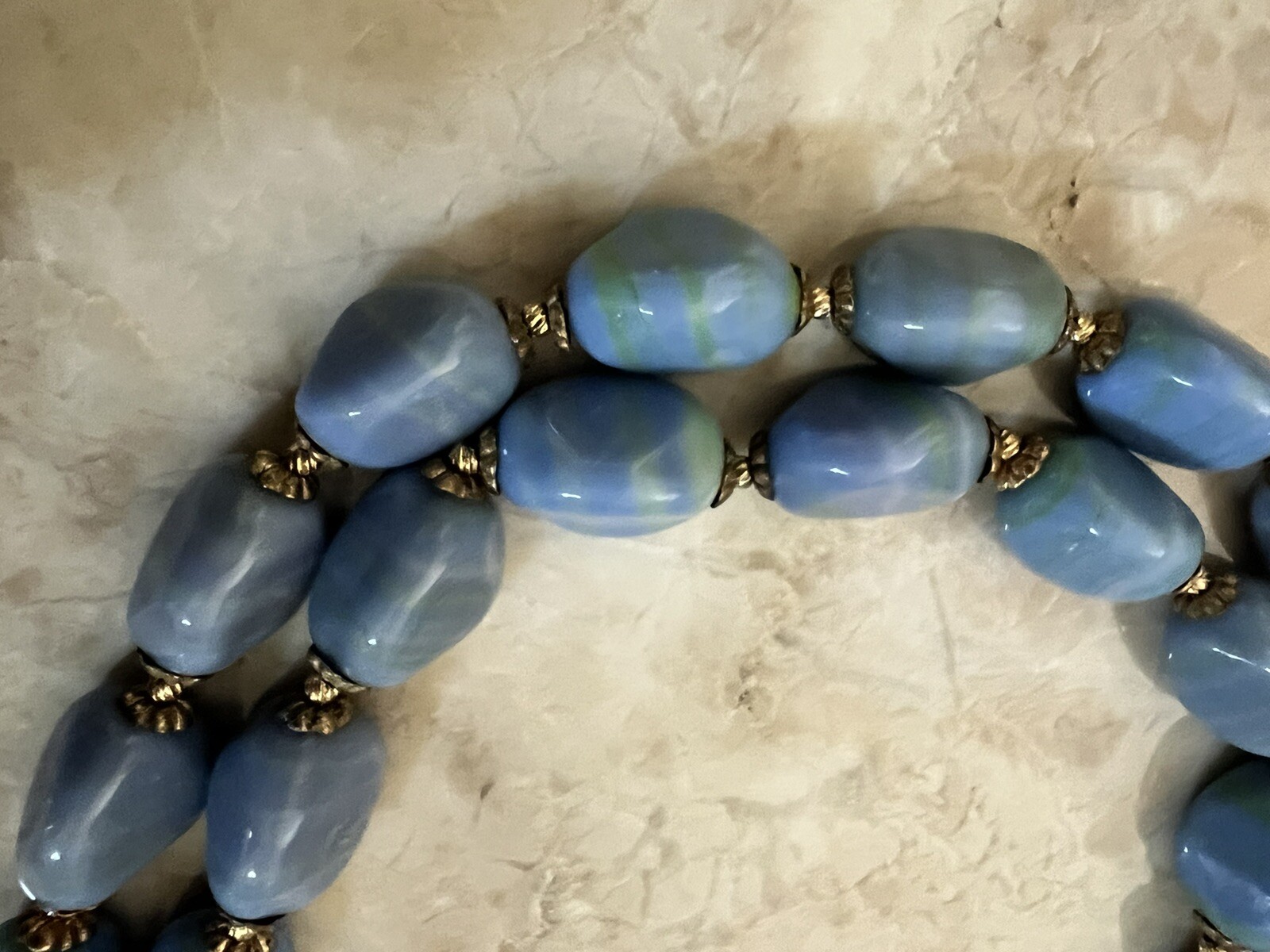 Vintage Periwinkle Blue & Green Slag Art Glass Necklace – Sterling Clasp – 24”