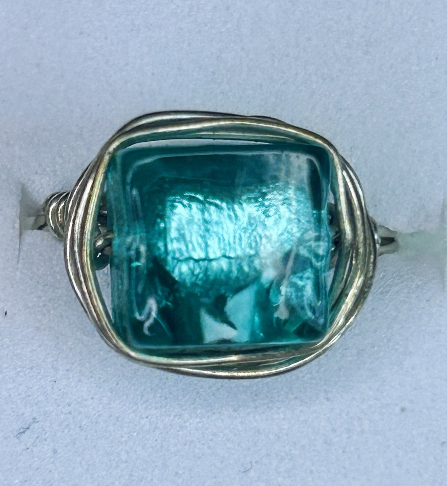 Vintage Artisan Wire Wrapped Aqua Glass Statement Ring (c. 2000s–2010s)