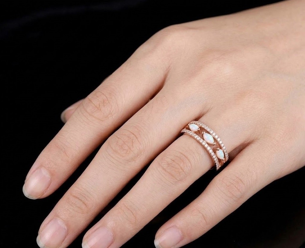 Marquise Cut Opal Stackable Ring, Rose Gold Plated Sterling Silver, Minimalist W