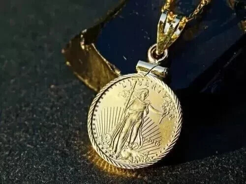 American Eagle Coin Liberty Pendant 18 Free Chain 14k Yellow Gold Plated Silver