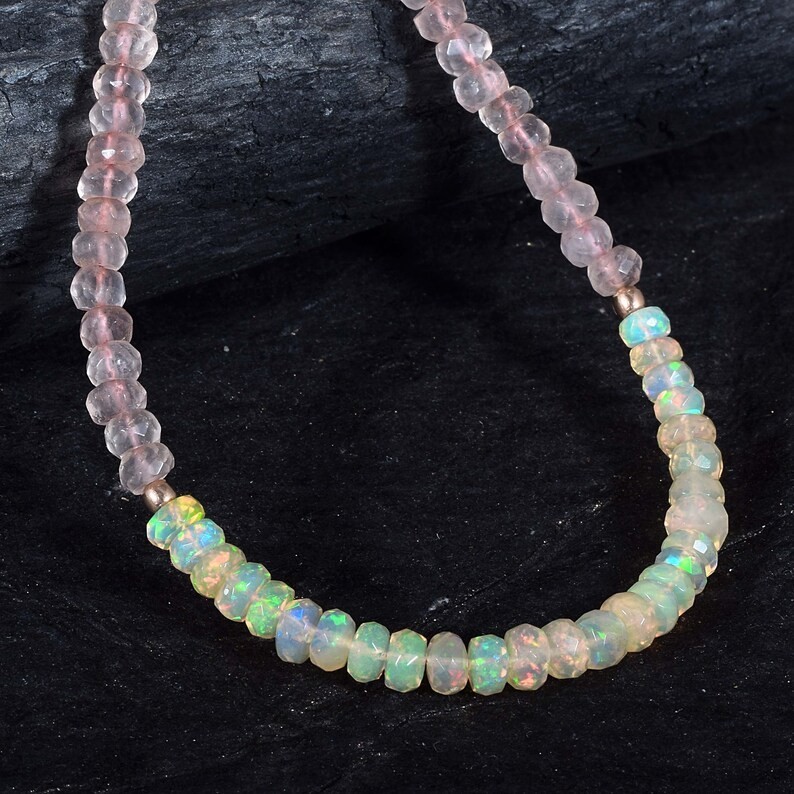 Natural Welo Fire Opal Rose Quartz Beaded Necklace Handmade 925 Sterling Silver