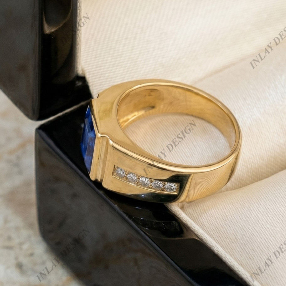 Men’s Blue Sapphire Solitaire Engagement Ring 14K Yellow Gold Plated Ring