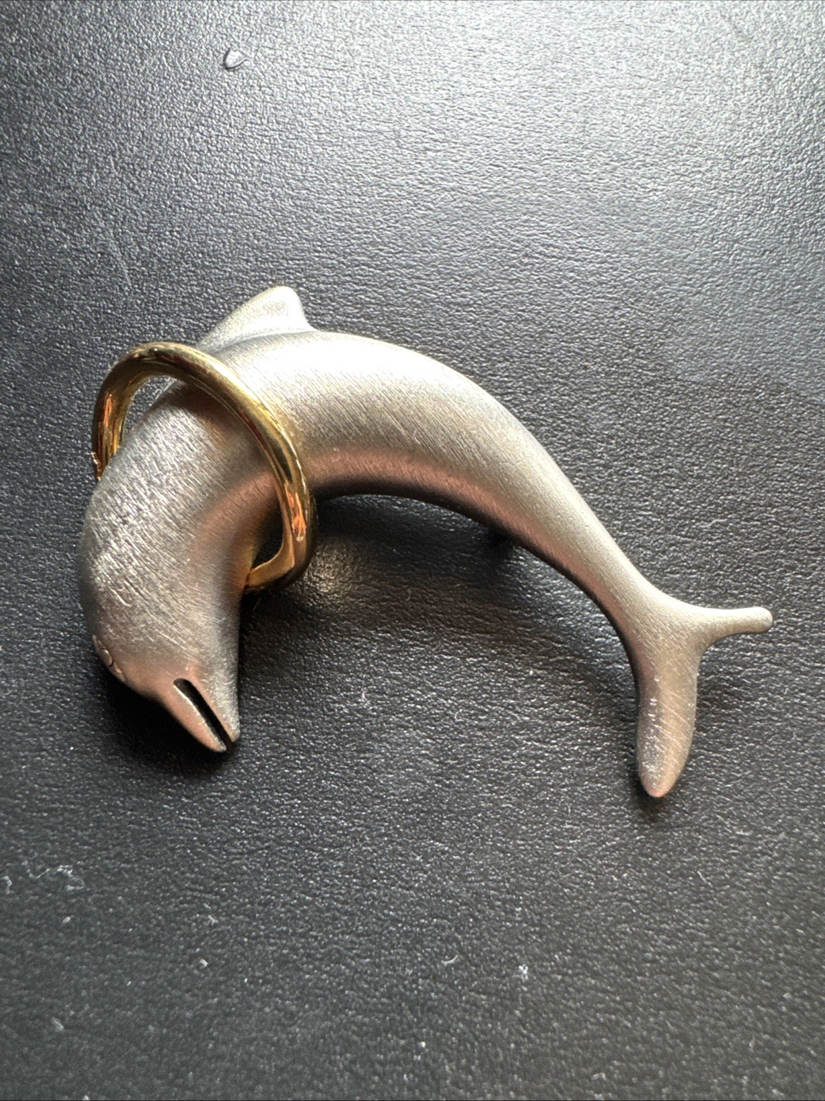 Dolphin Brooch Multi Tone Brushed Vintage Signed LR Ocean Chic Beach Bag Pin