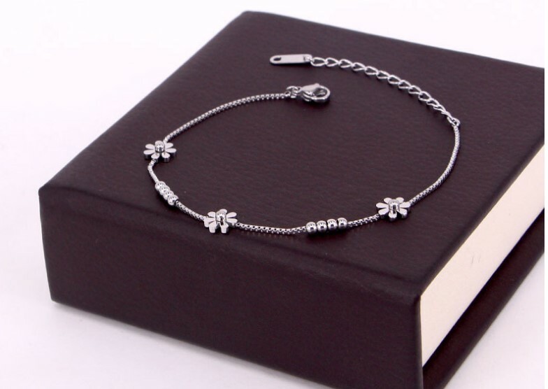 18K Rose Gold Stainless Steel Anklet Foot Daisy Beads Charms Ankle Bracelet PE13