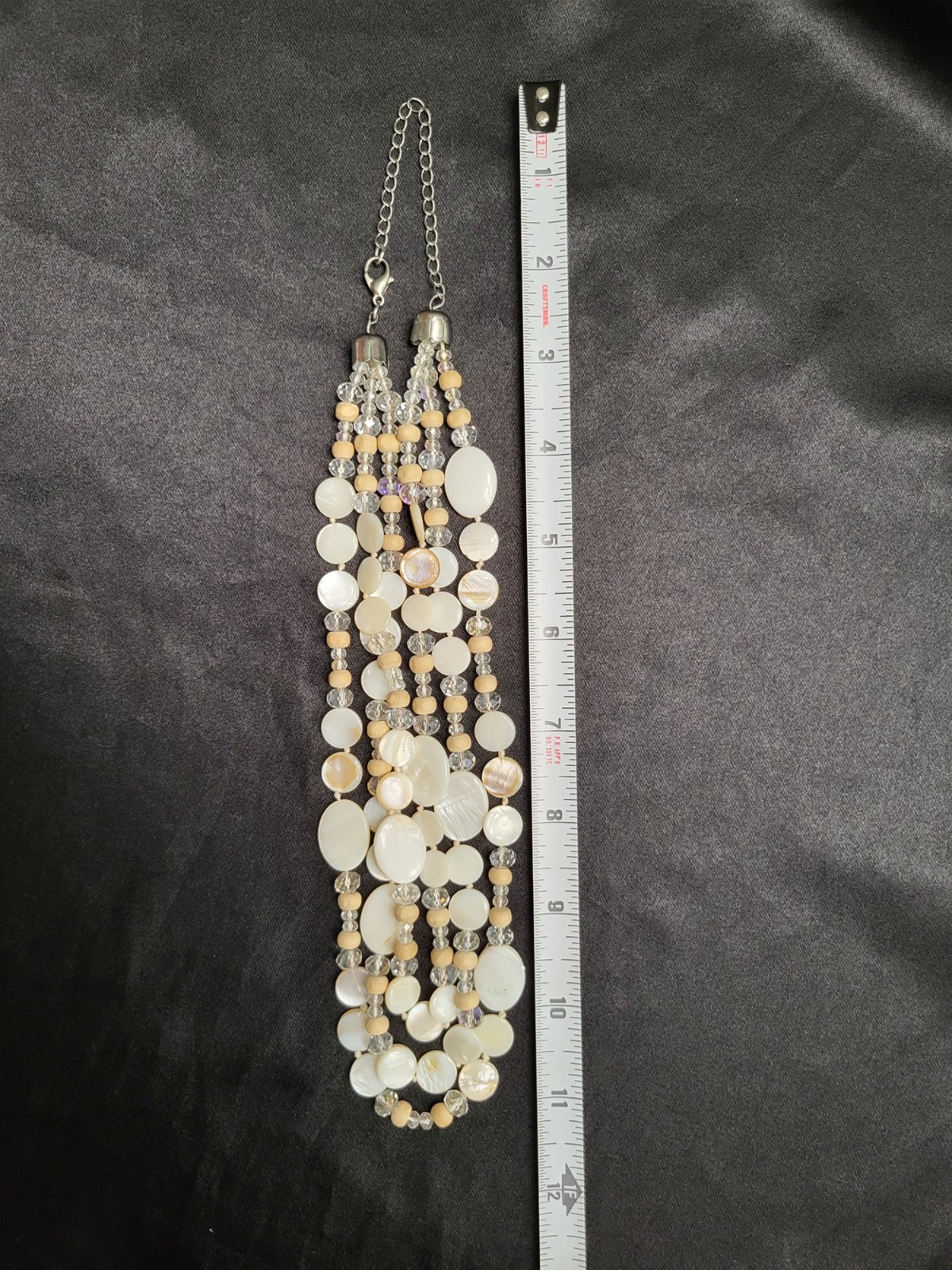 Boho Multi Strand Mother of Pearl Shell Necklace Clear Crystal Wood Bead Layered