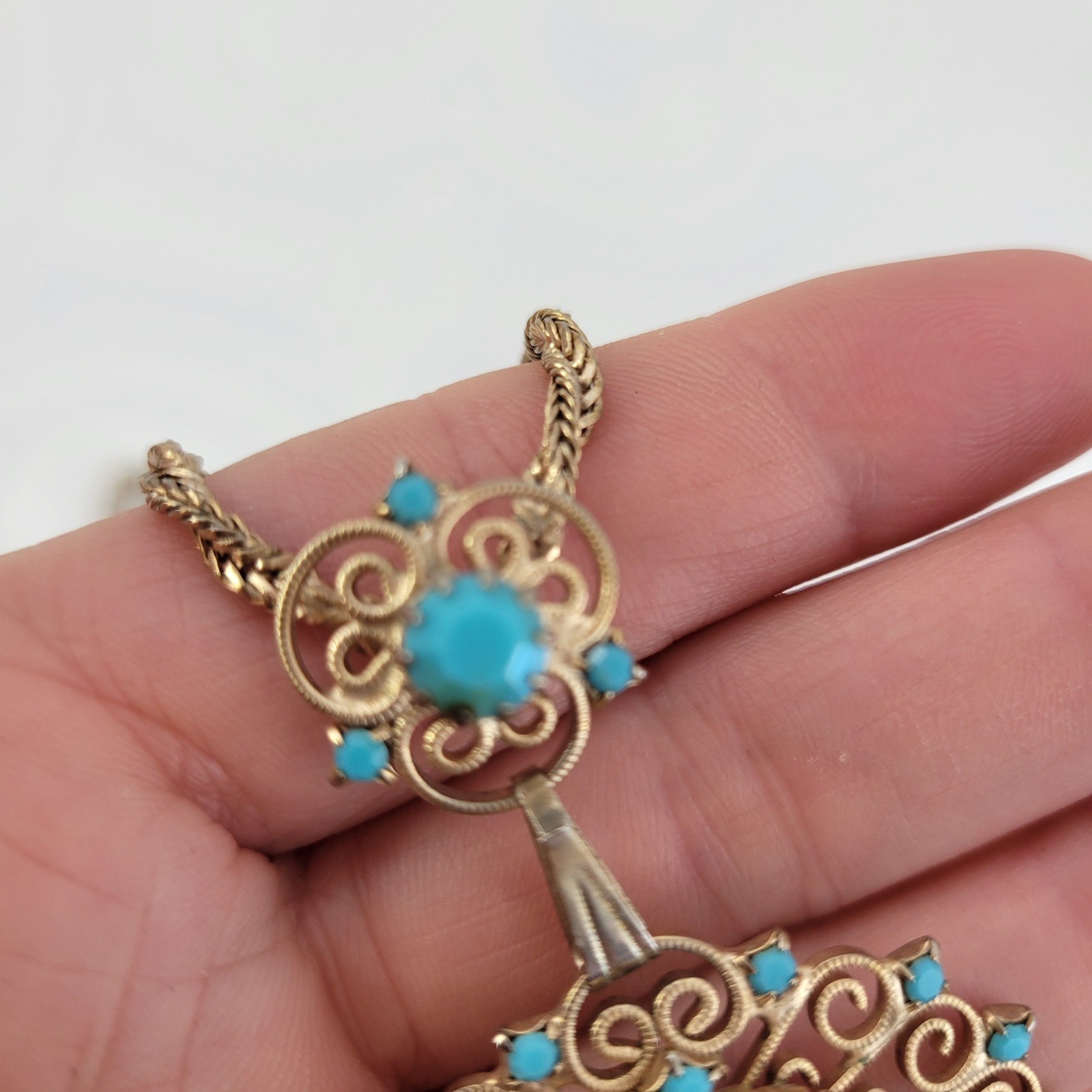 Juliana Delizza Elster Necklace Gold Tone Victorian Revival Turquoise Rhinestone