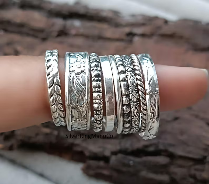 925 Sterling Silver, Stacking Rings, 8 Set Singles In range of finishe All size