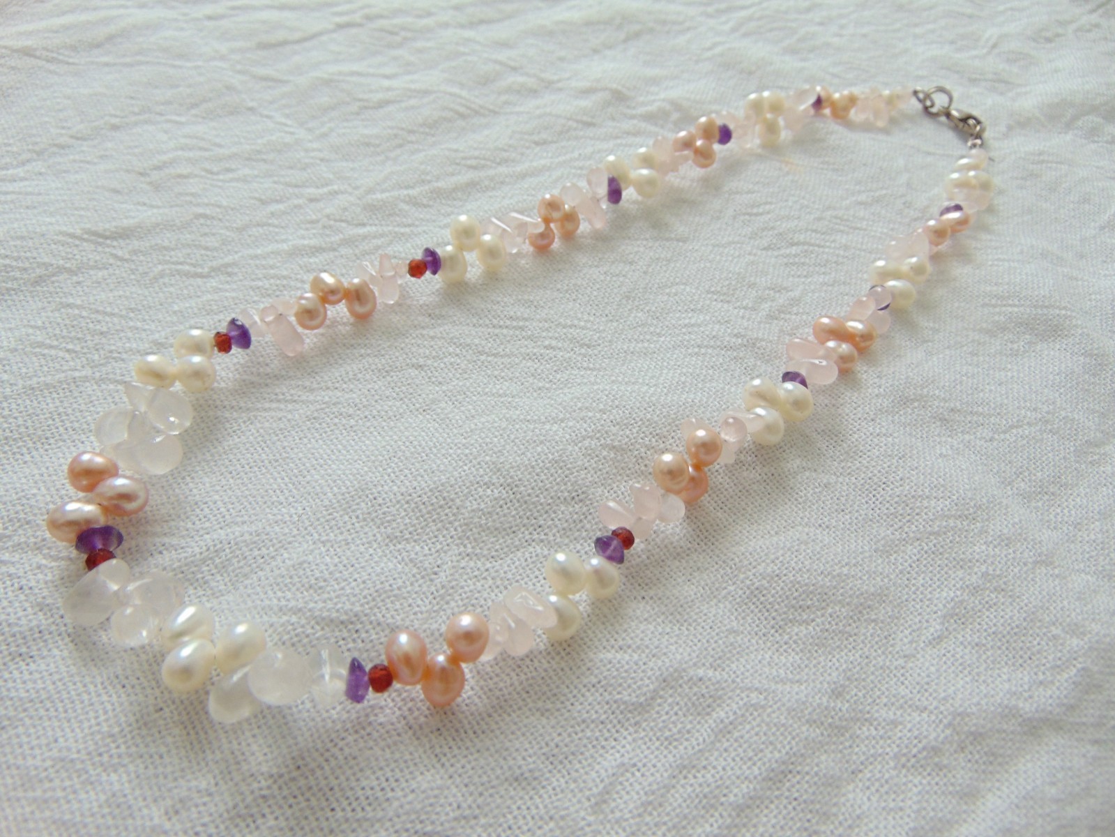 pink white tone freshwater pearls pink quarts Amethyst beads necklace bridal wed