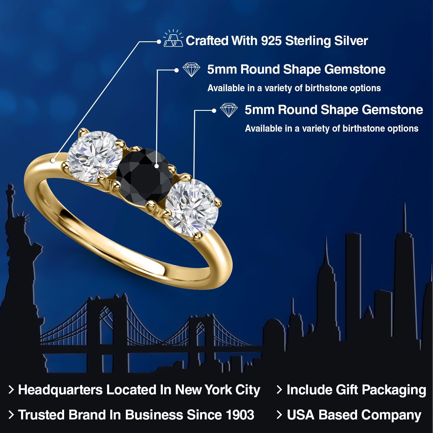 18K Yellow Gold Plated Silver Black Sapphire and Lab Grown Diamond Engagement