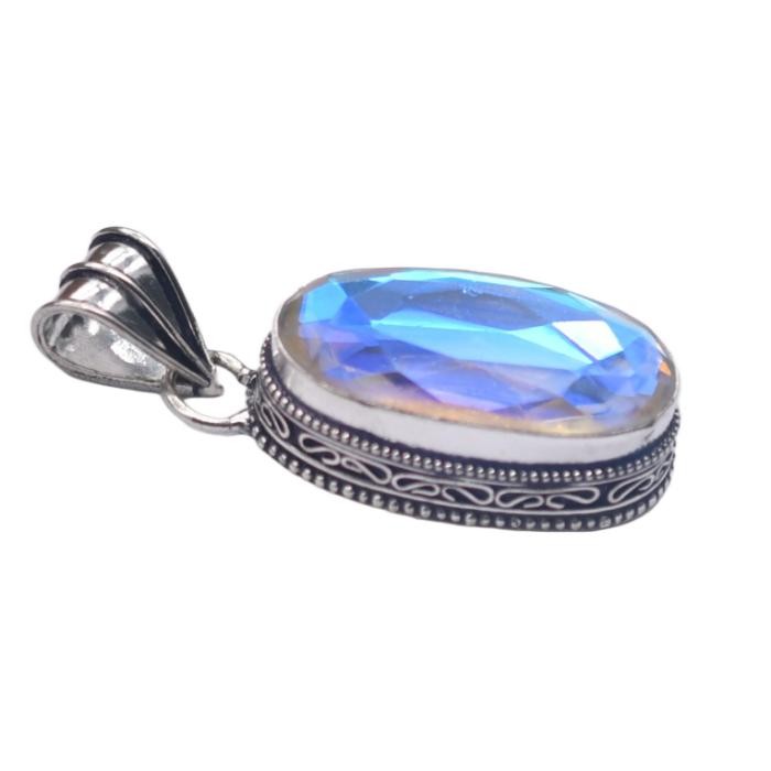 Mystic Topaz Hydro Gemstone Antique Silver Plated Pendant 2.5″ J 2140