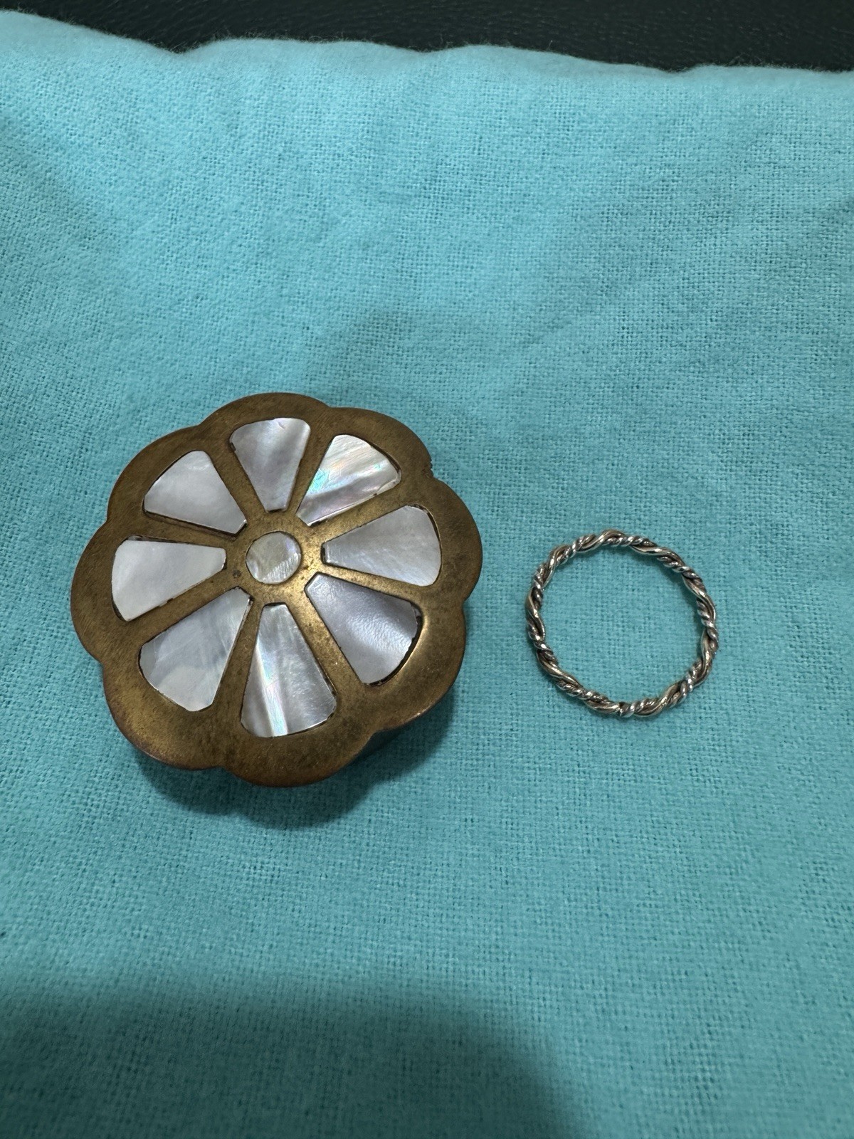 Vintage tiny sliver and gold twisted Ring and Mother of Pearl Pure Brass Box