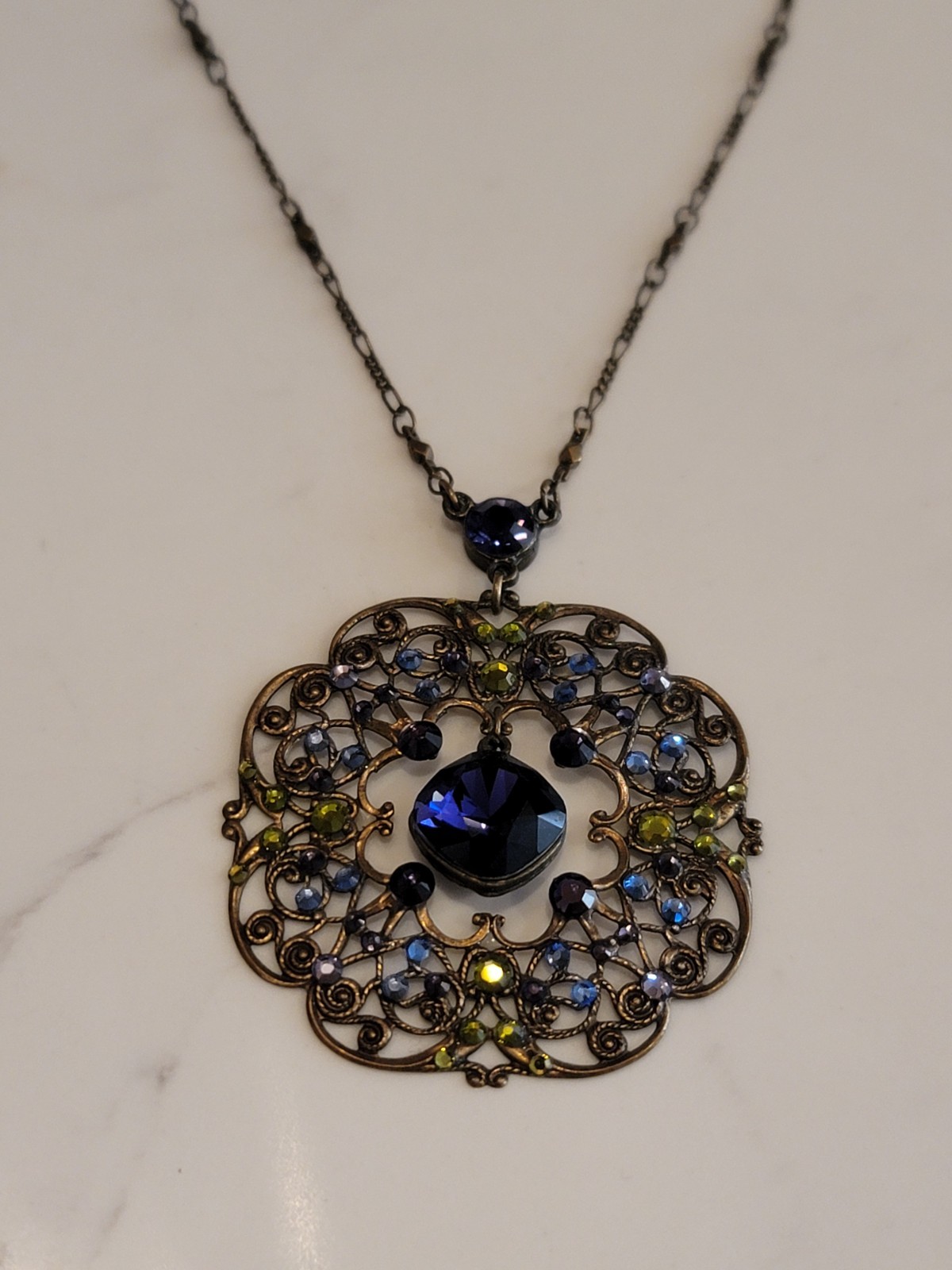 Anne Koplik Crystal Filigree Pendant Necklace Purple Blue Green Edwardian Style