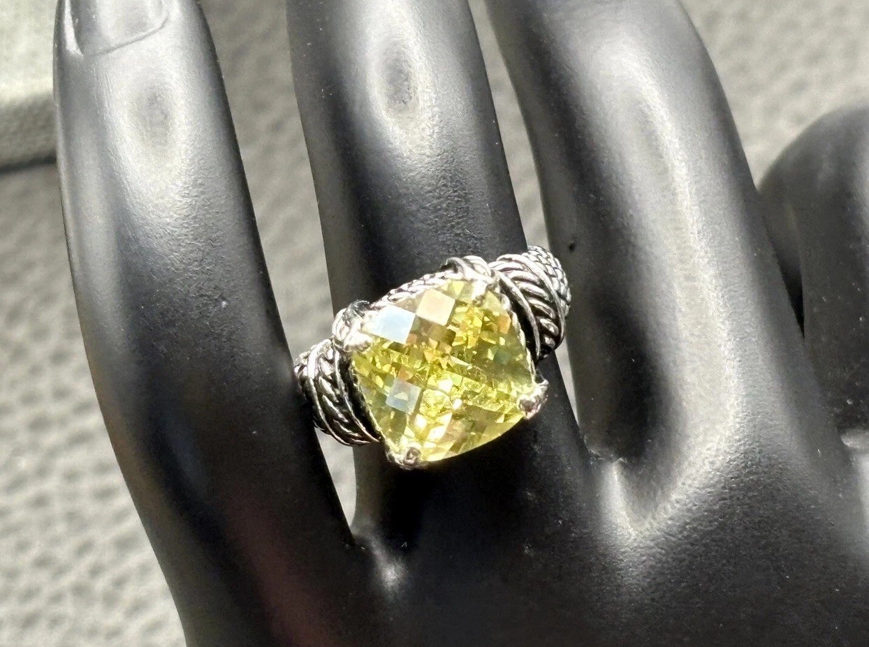 Designer Silver Tone Yellow CZ Faux Citrine Cushion Cut Ring Cable Woven Band 7