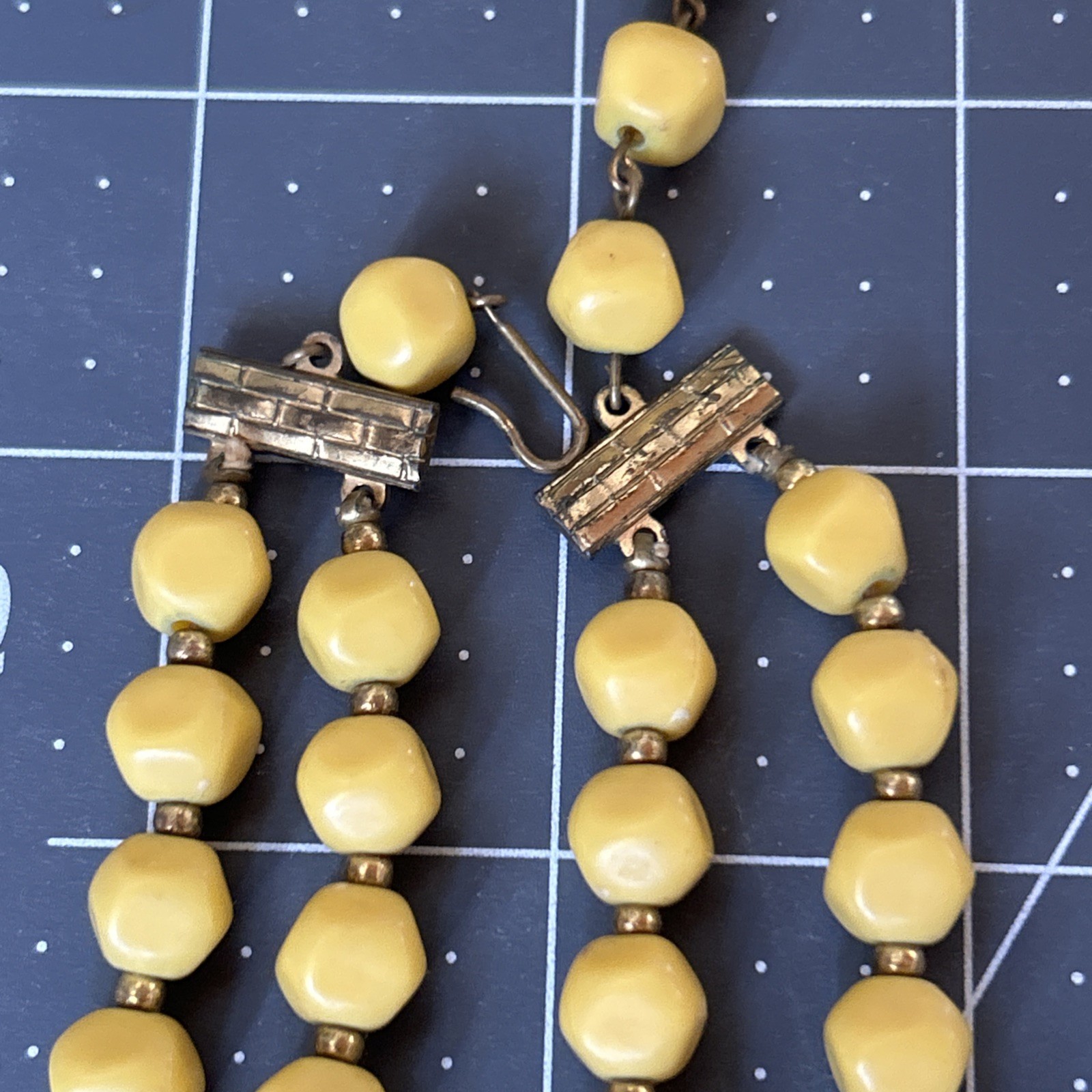 Vintage 2 Strand Yellow Beaded Necklace Textured Retro MCM Casual Woman’s 20″