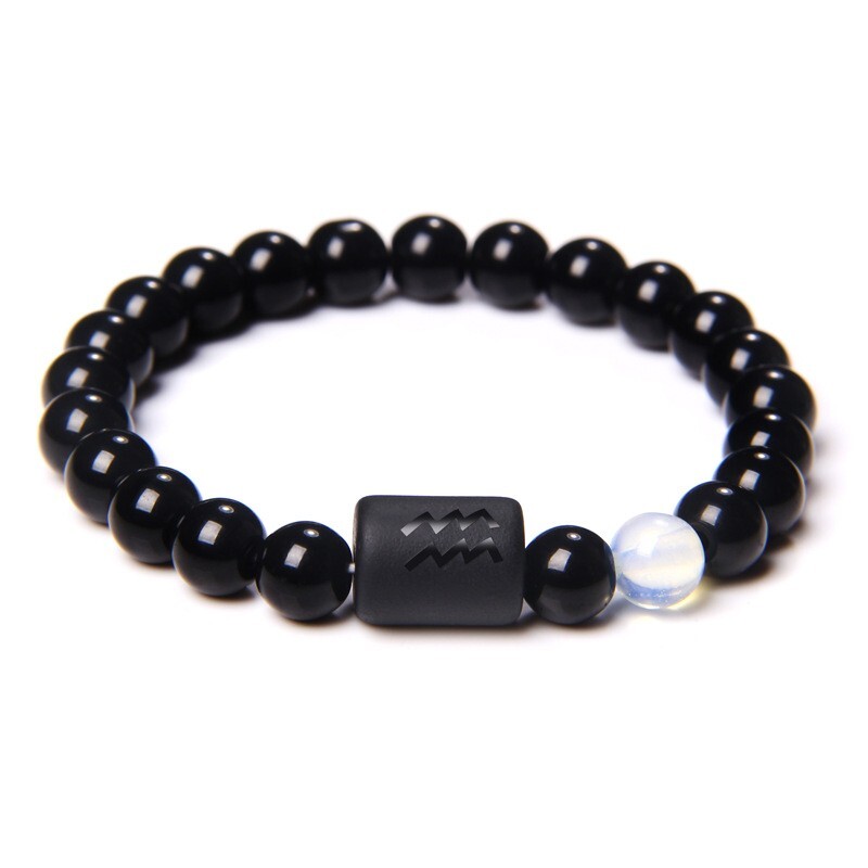 Zodiac Sign Natural Black Stone Beaded Elastic Stylish Bracelet Astrological