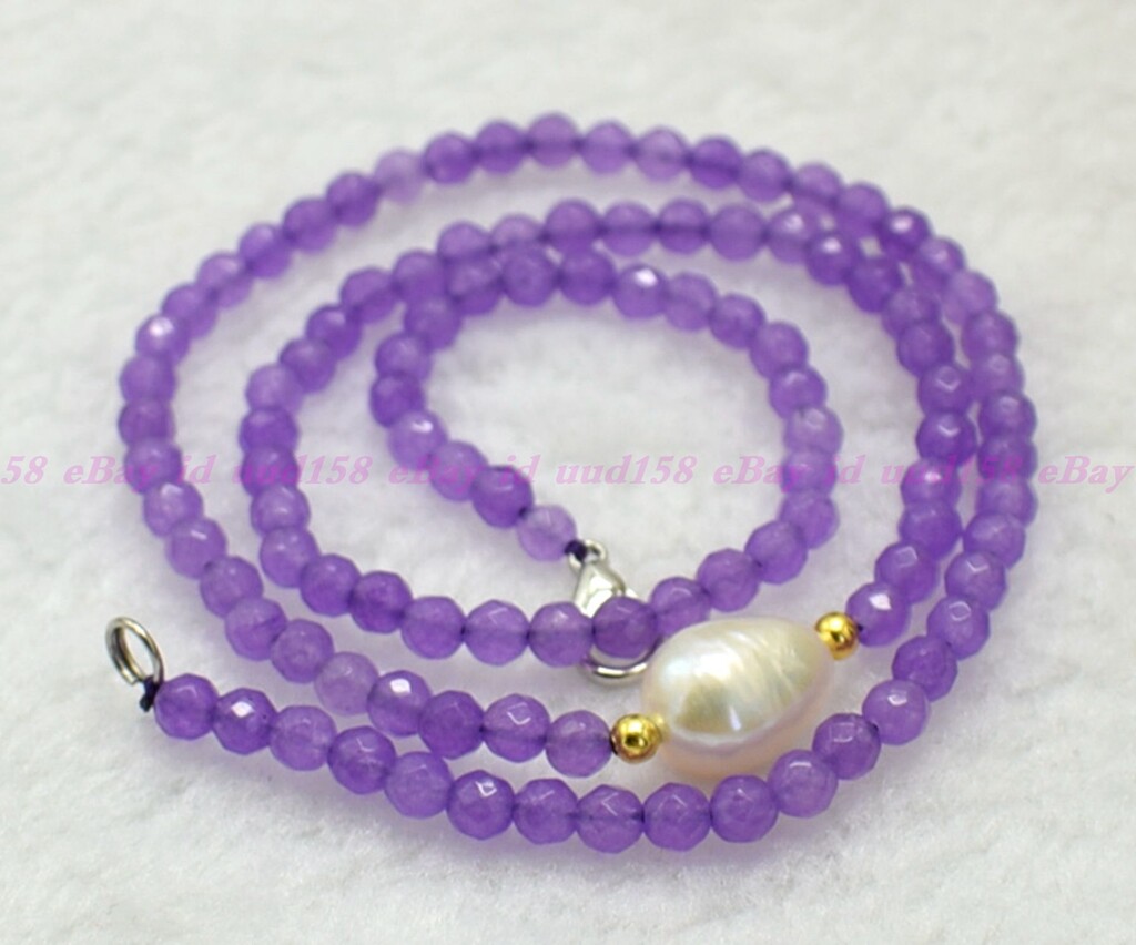 Natural Faceted 4mm Lavender Red Jade Roundelle Gems White Pearl Necklace AAA