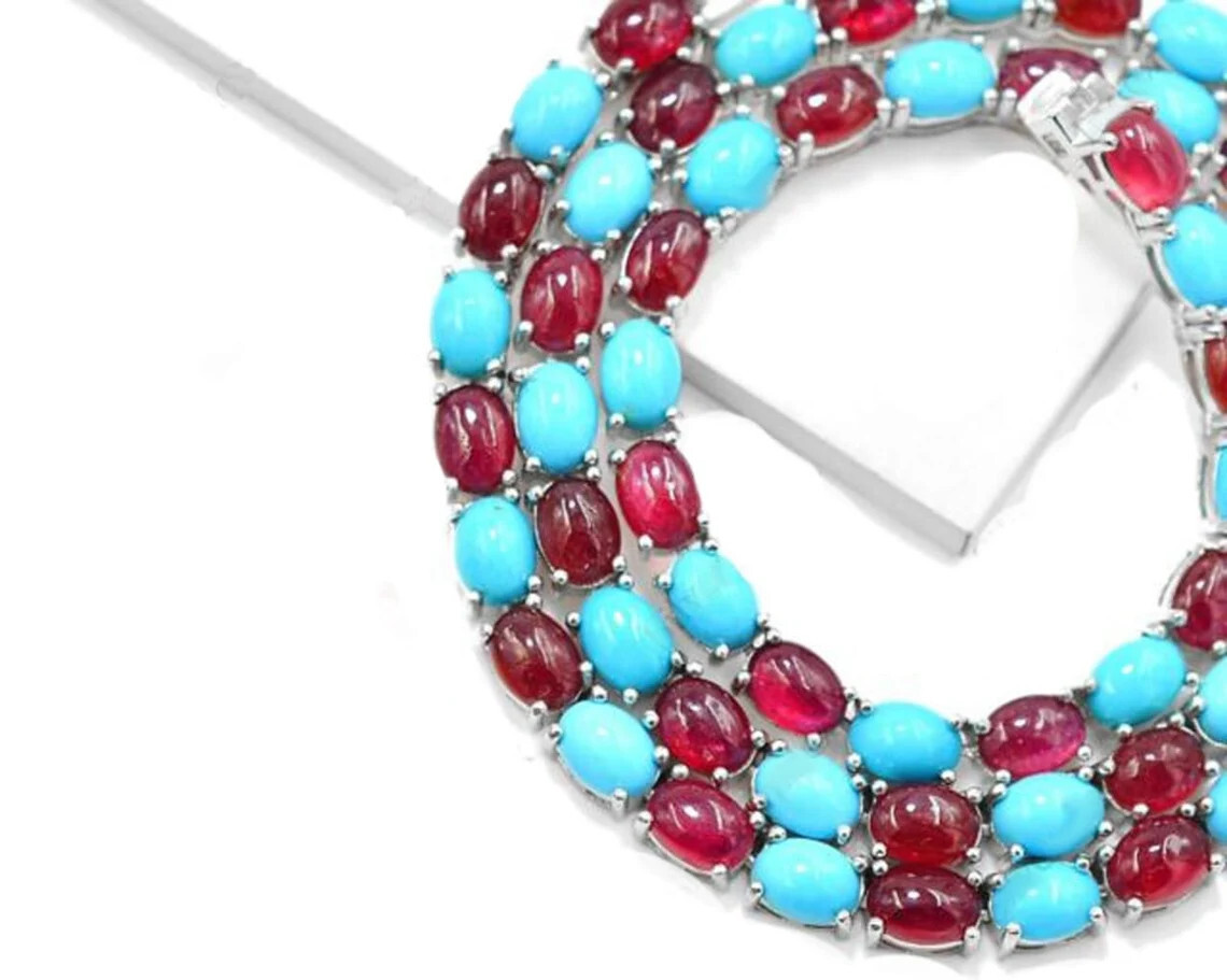 31Ct Oval Cut Lab-Created Garnet & Turquoise Tennis Necklace in 925 Silver – 20″