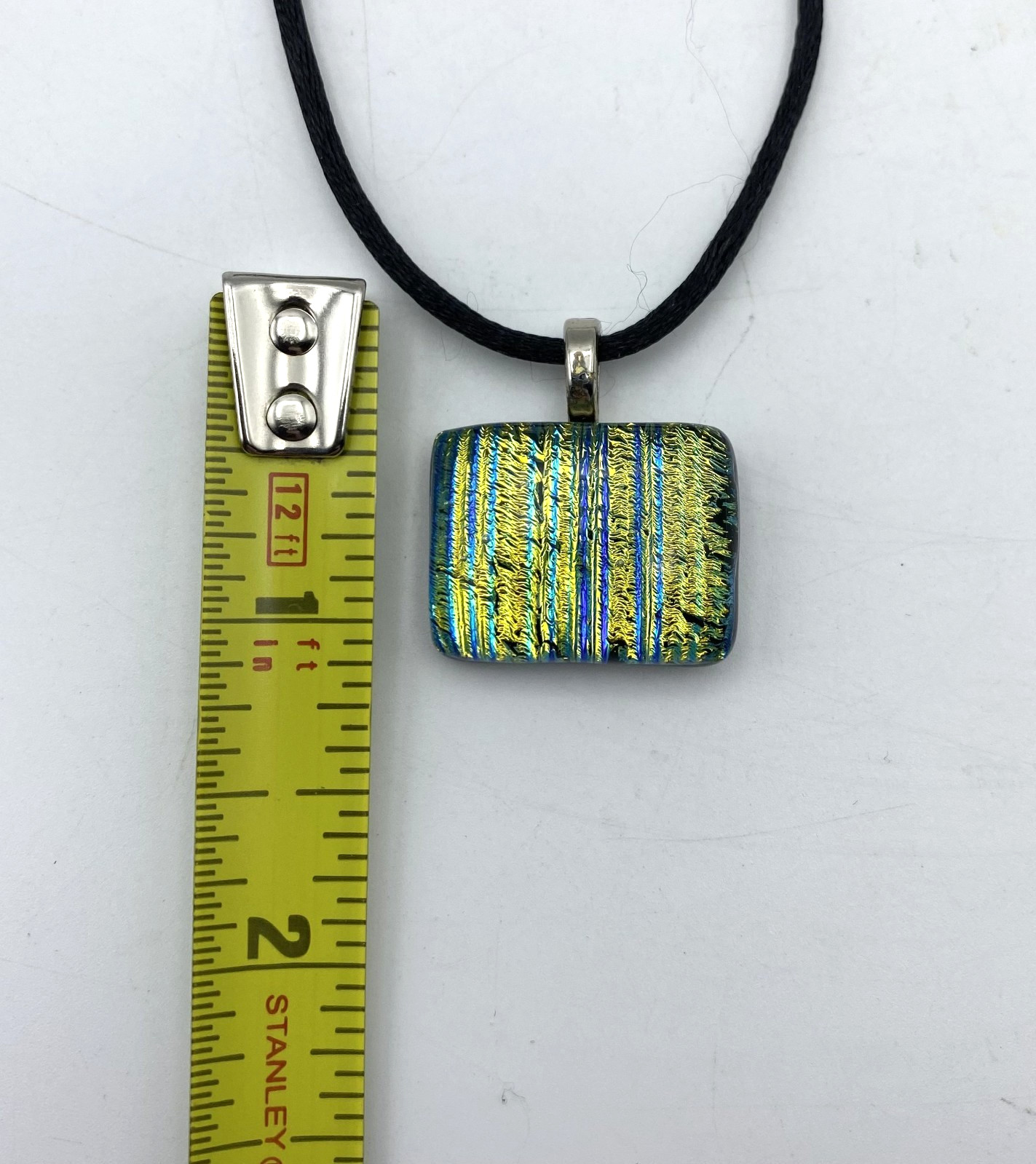 Artisan Dichroic Glass Necklace Rectangle Blue Green Gold Black Cord