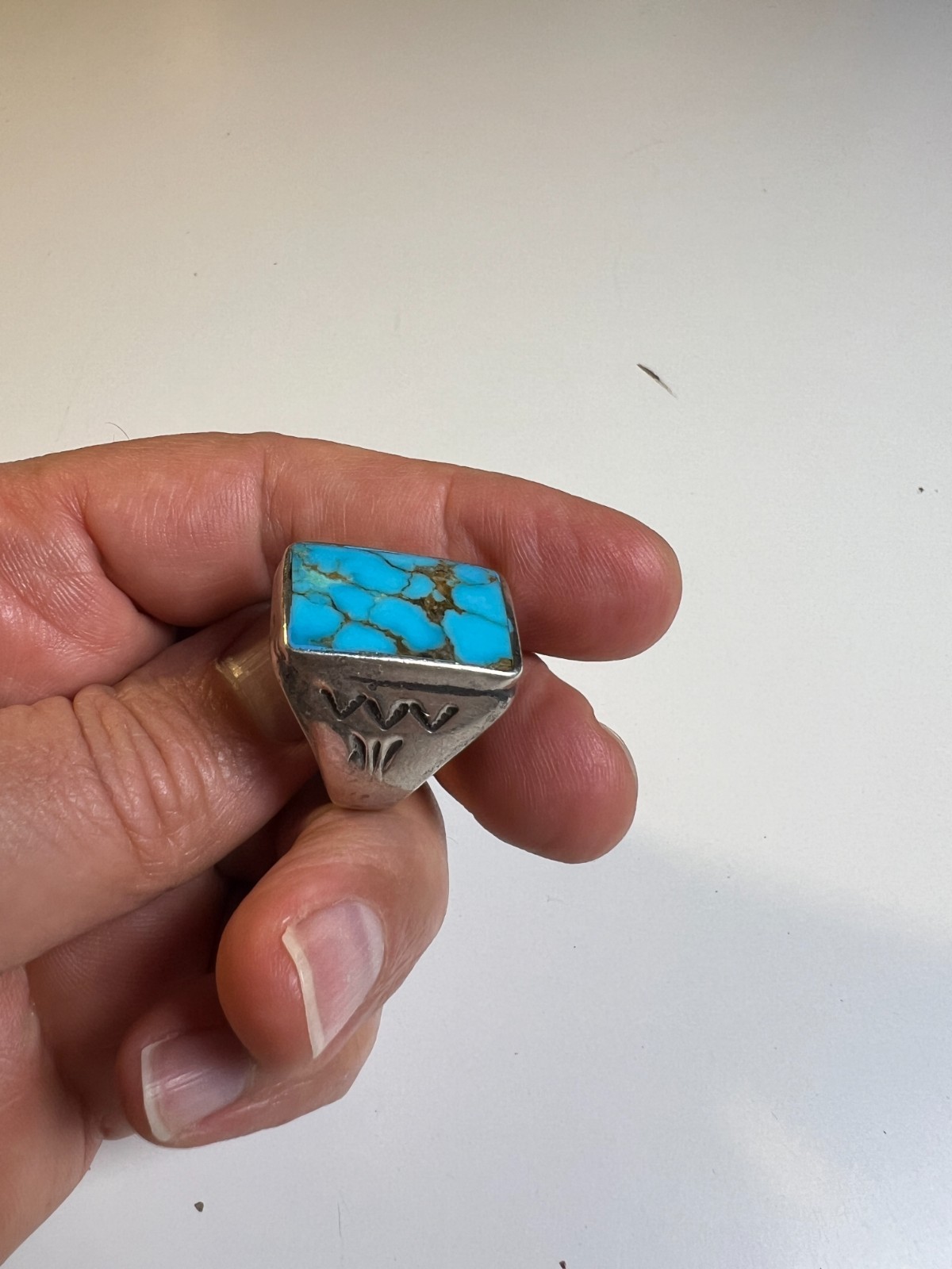 Vintage Navajo Sterling Silver & Large Rectangular Turquoise Cabochon Ring sz 11
