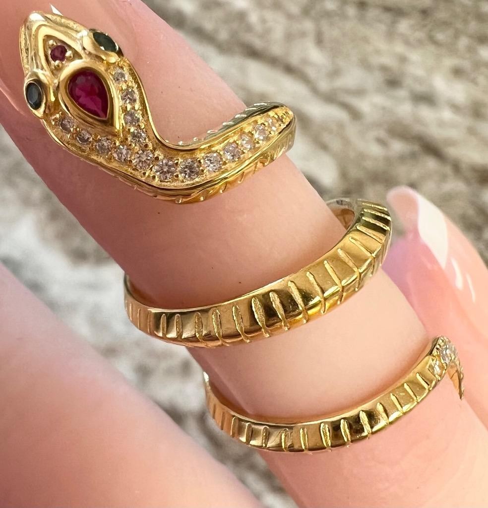 REAL Ruby Emerald Diamond Snake Ring 14K Y Gold on 925 wrap coiled Egyptian Rev