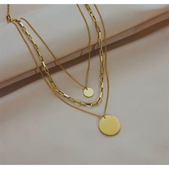 18K Gold Plated Layered Necklace Set Paperclip Chain Coin Disc Pendant Womens