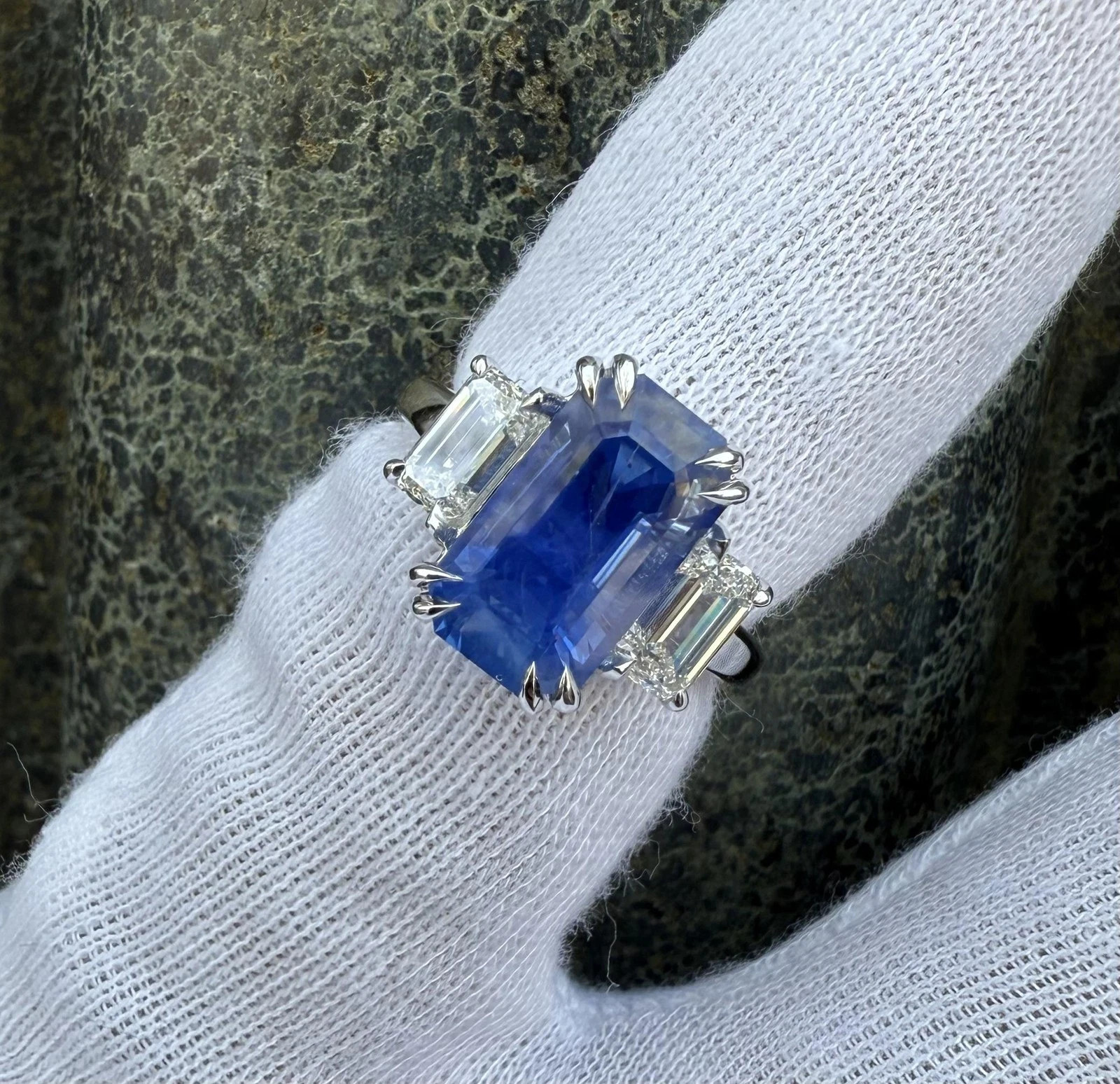 4.80Ct Emerald Cut Natural Sapphire Diamond Wedding Ring 14K White Gold Size 6 7