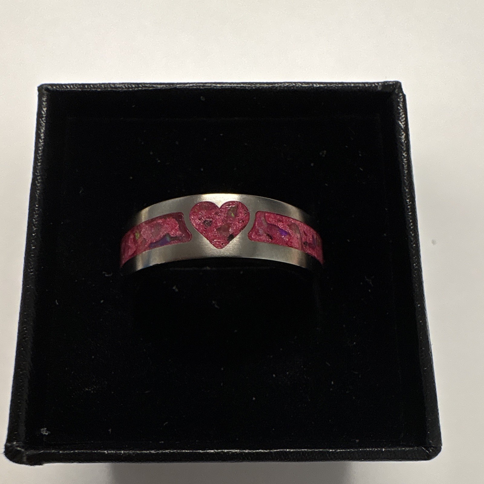 Size 8 pink heart with pink opal 6mm inlay titanium, hand made by seller