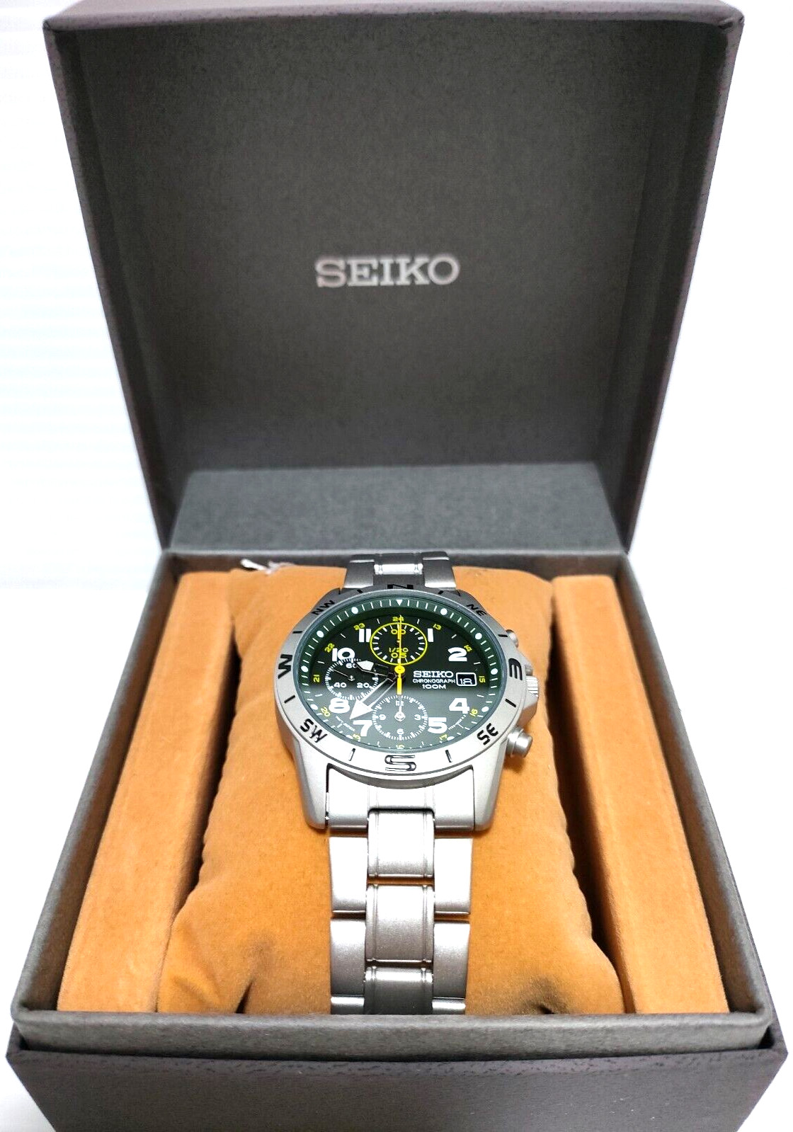 SEIKO SND377P Chronograph Men’s Watch New Green Silver Authentic Military Japan