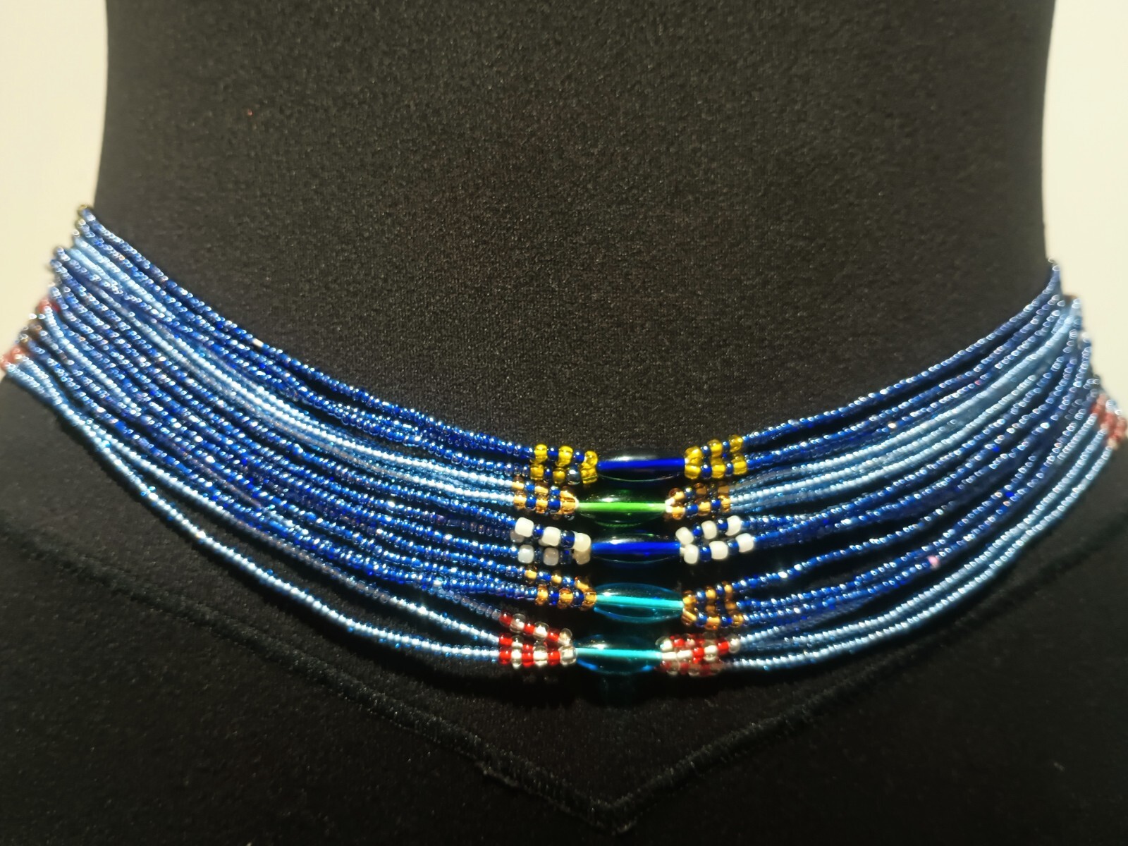 3-in-1 African Waist Beads, Blue Variety, 42 Inch Strands, Tie-on Cotton Strings