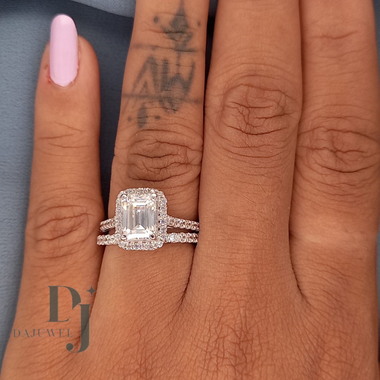 2.50 CT Emerald Cut Moissanite Bridal Set Engagement Ring Solid 14K White Gold