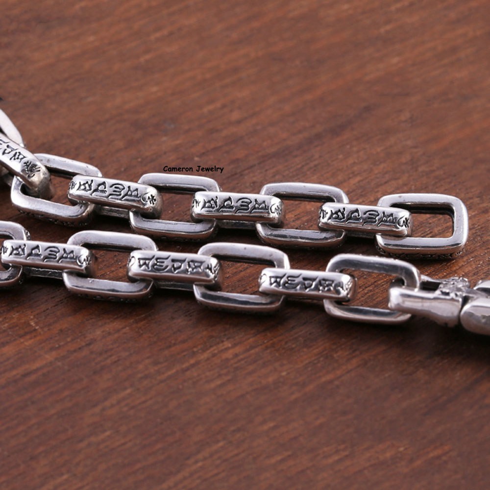 Pure S925 Sterling Silver Chain 8mm Six Words Square O Link Bracelet 7.1-8.7inch