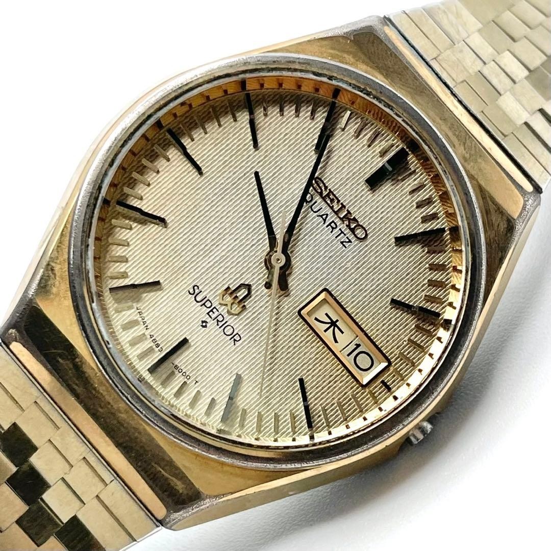 SEIKO SUPERIOR 4883-8100 Quartz Day Date Watch Gold Dial SS Bracelet 35.6mm 1977