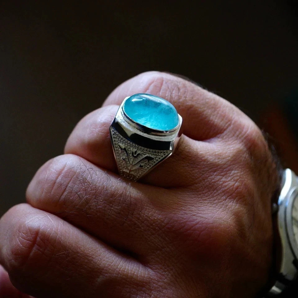 Natural Aquamarine Ring for Men Solid 925 Sterling Silver Handmade Jewelry
