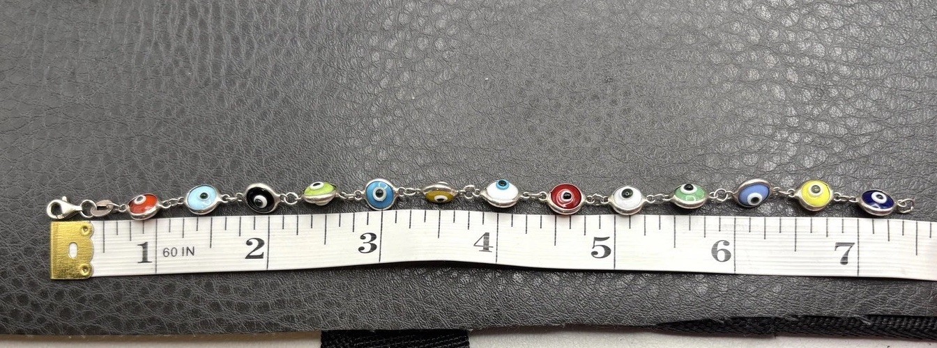 Vintage Sterling Silver 925 Multicolor Glass Evil Eye Link Bracelet 7.5″