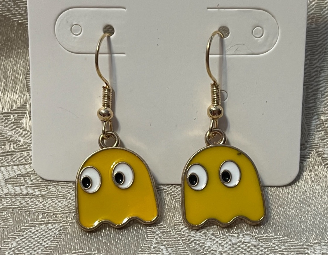 PAC Man CLYDE YELLOW Ghost Gold Loop Enamel Drop Dangle Adorable Earring Set