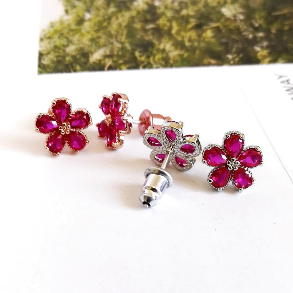 Sparkling Hot Pink Fuchsia CZ Flower Stud Earrings Rose Gold or Shiny Silver