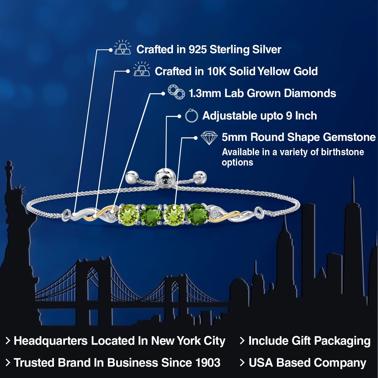 925 Silver and 10K Yellow Gold Peridot and Green Chrome Diopside and White Lab