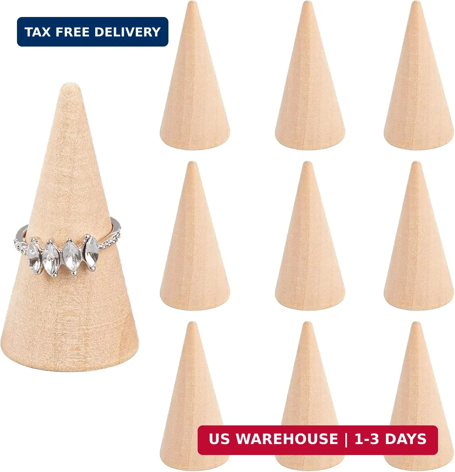 10 Pack Natural Wood Cone Ring HolderJewelry Display Stand Organizer DIY Craft