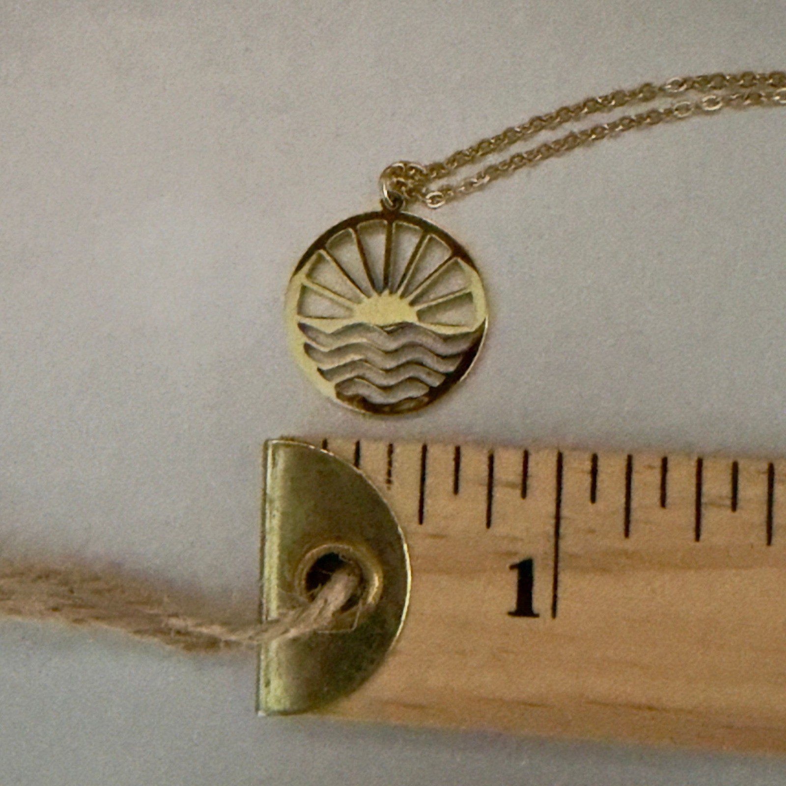 Gold Tone Sun and Wave Circle Pendant Necklace Minimalist Beach Jewelry 17 Inch