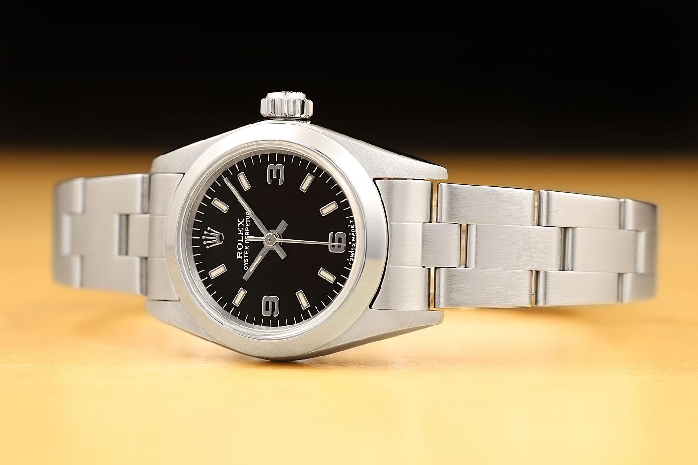 ROLEX LADIES OYSTER PERPETUAL 26MM 67180 BLACK ARABIC STAINLESS STEEL WATCH