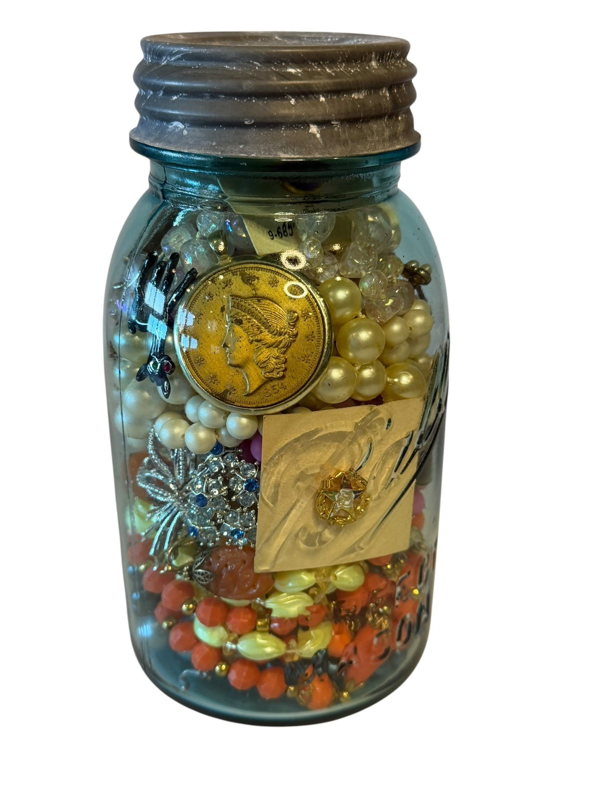 Large Mystery Jewelry Jar Dainty Delicate Pieces Gold Silver Finish Vintage EUC