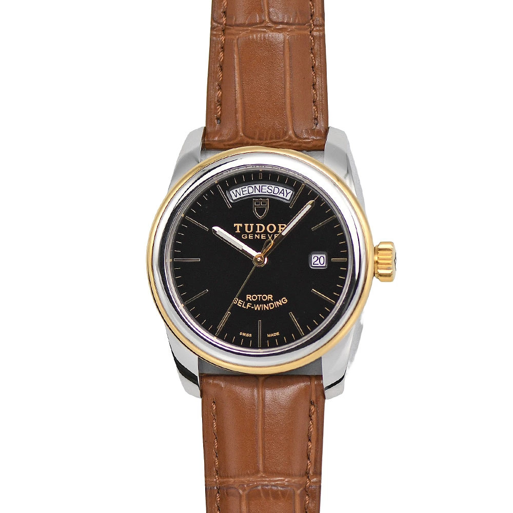 TUDOR Glamour Date Day 56003 Black Automatic SS Yellow Gold Polished Watch