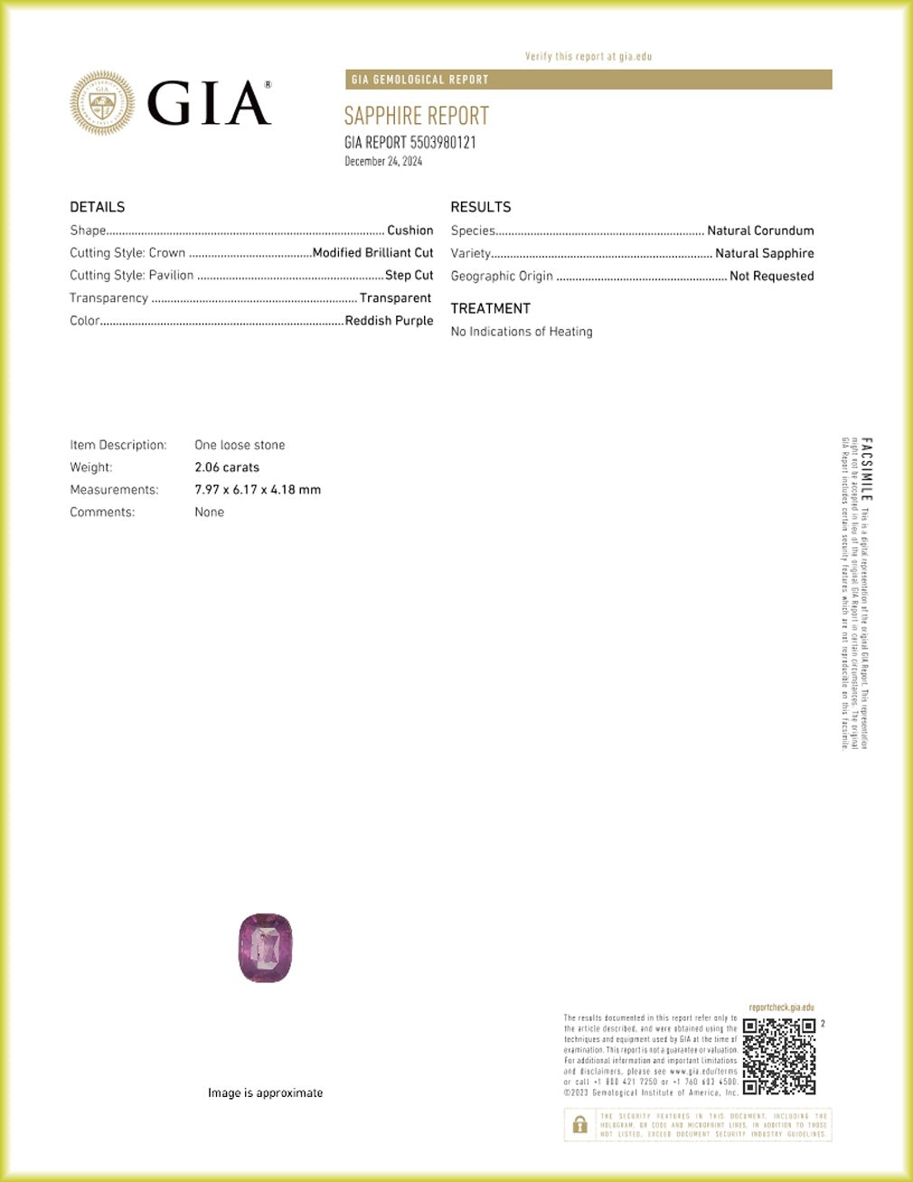 GIA Certified 2.06 ct Cushion (7.97 x 6.17 mm) Unheated Reddish Purple Sapphire