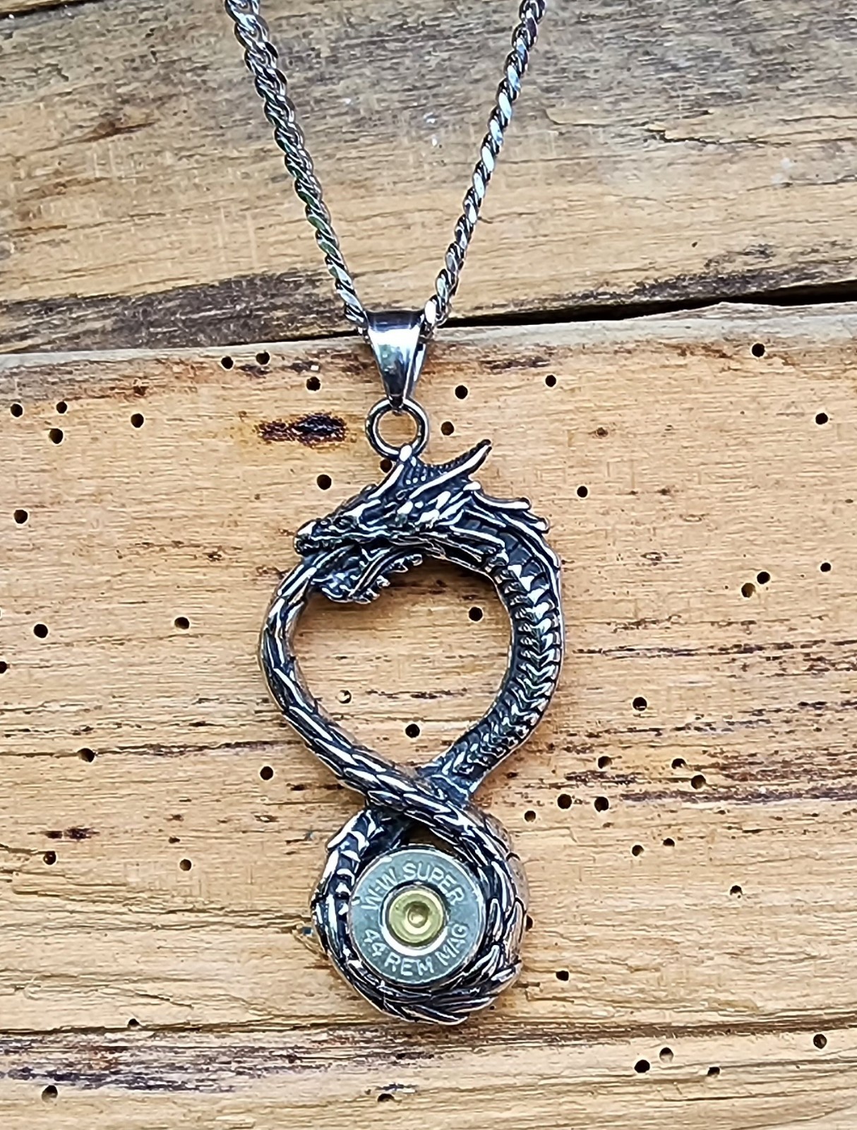 Large Stainless Steel Dragon Bullet Necklace. 44 Mag Bullet. Optional Crystal.