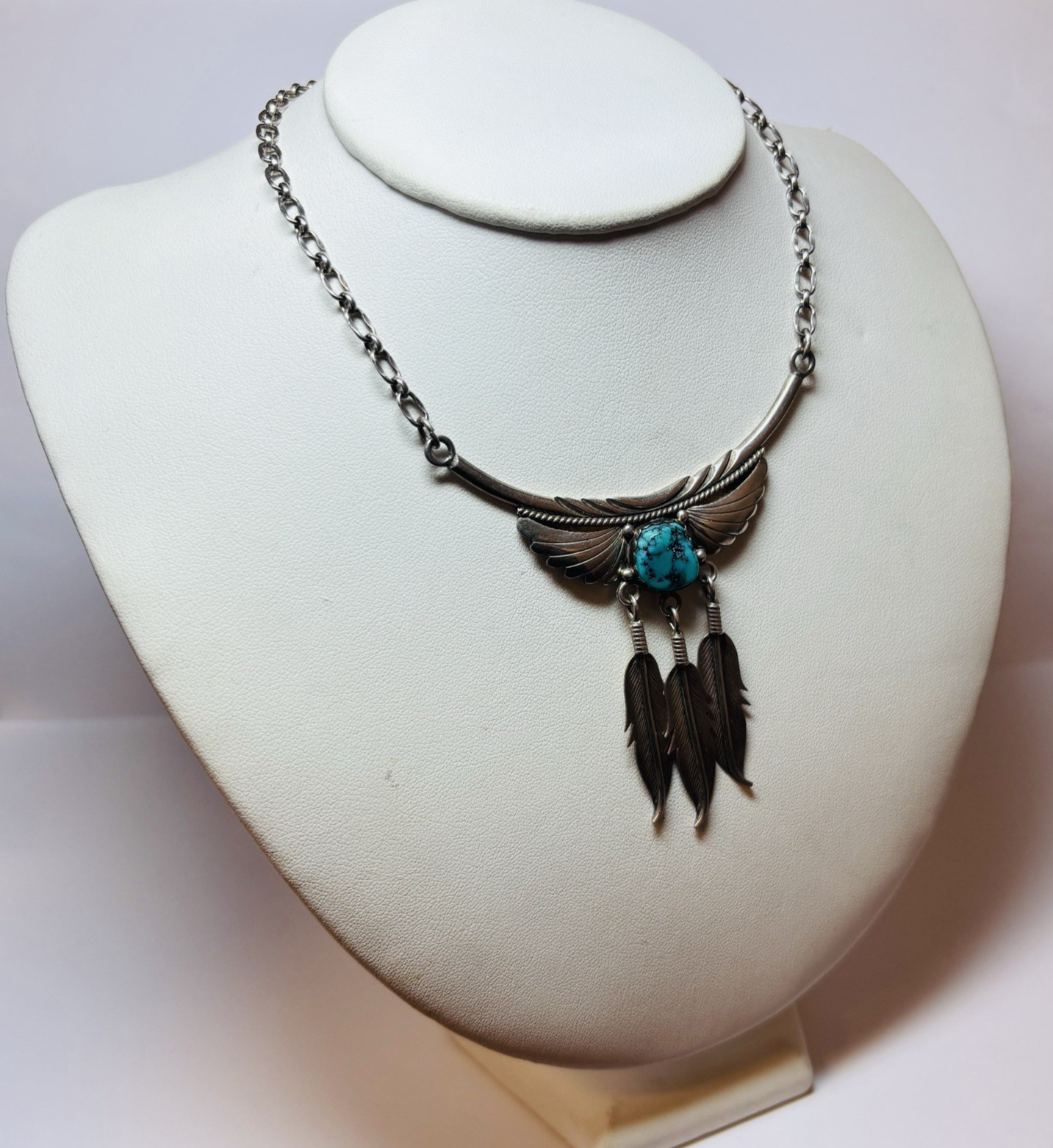 Navajo Signed Kary Begay Sterling Silver Turquoise Feather Necklace 20.5 in -.79