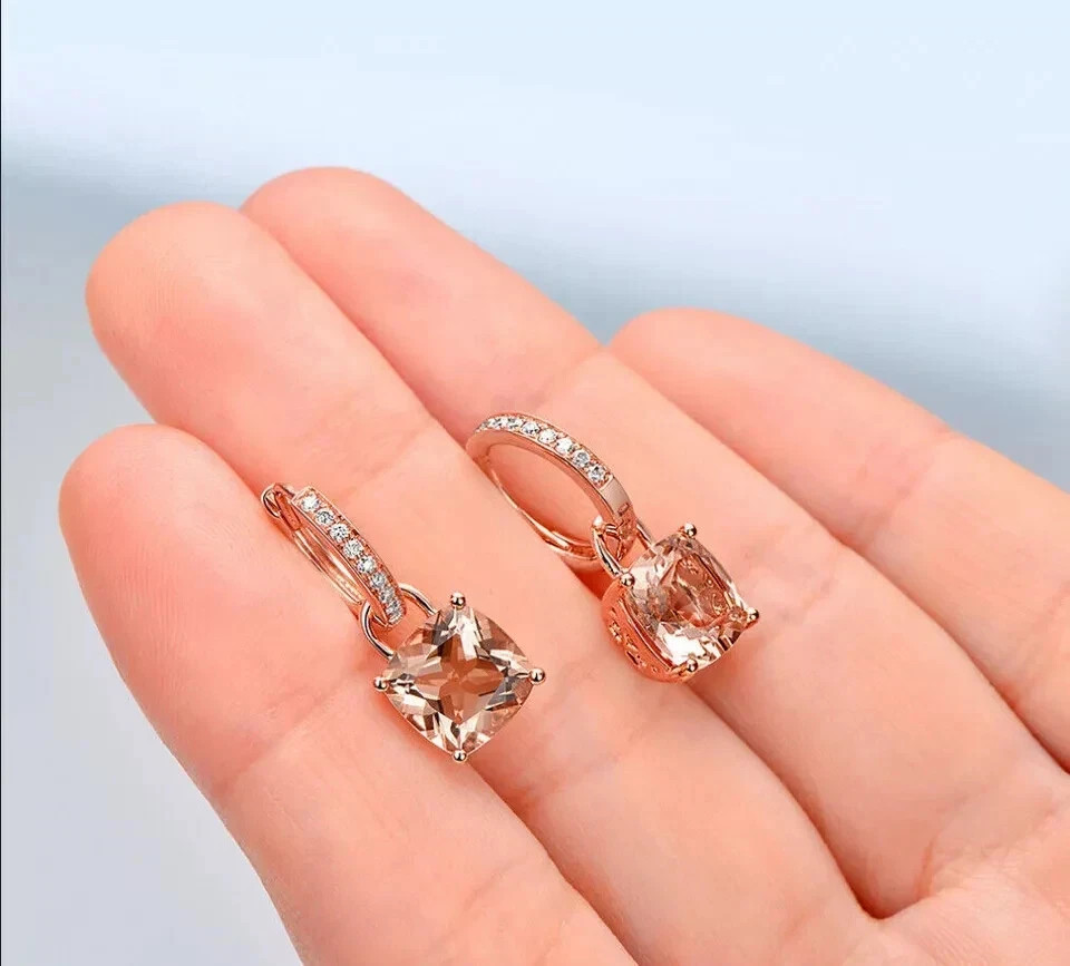 3Ct Cushion Cut Simulated Morganite Drop & Dangle Earrings 14K Rose Gold Plated