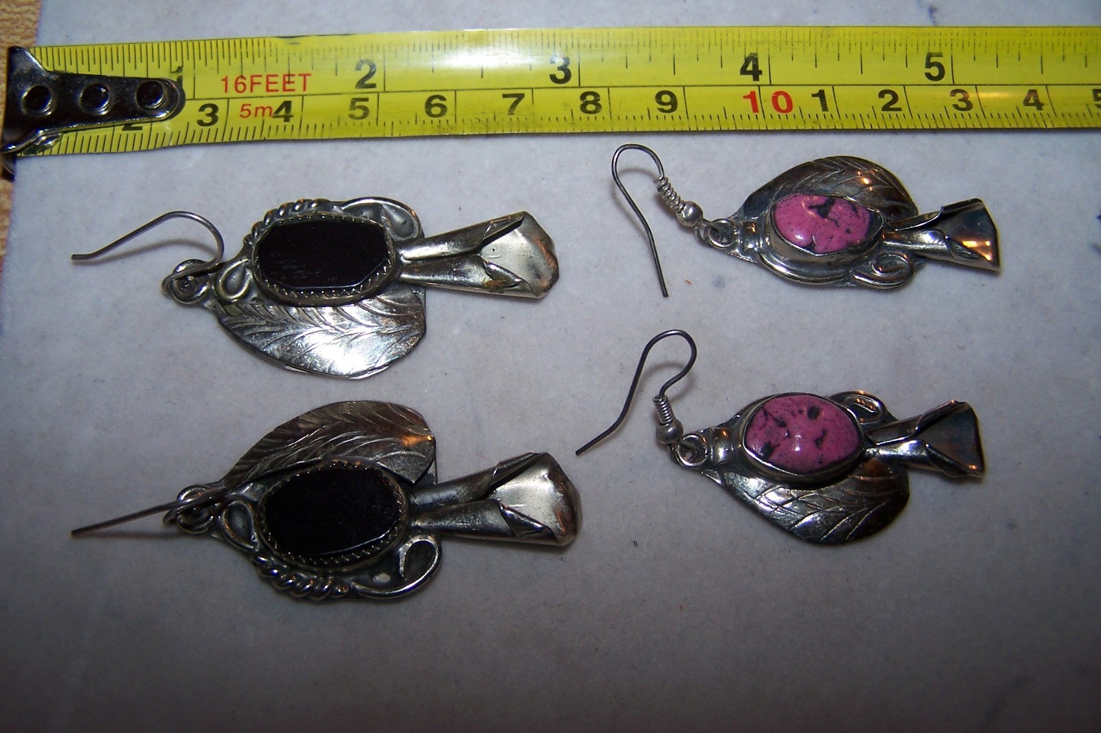Southwestern Nickle Silver Stone Fetish Feather Squash Blossom Earrings Lot of 6