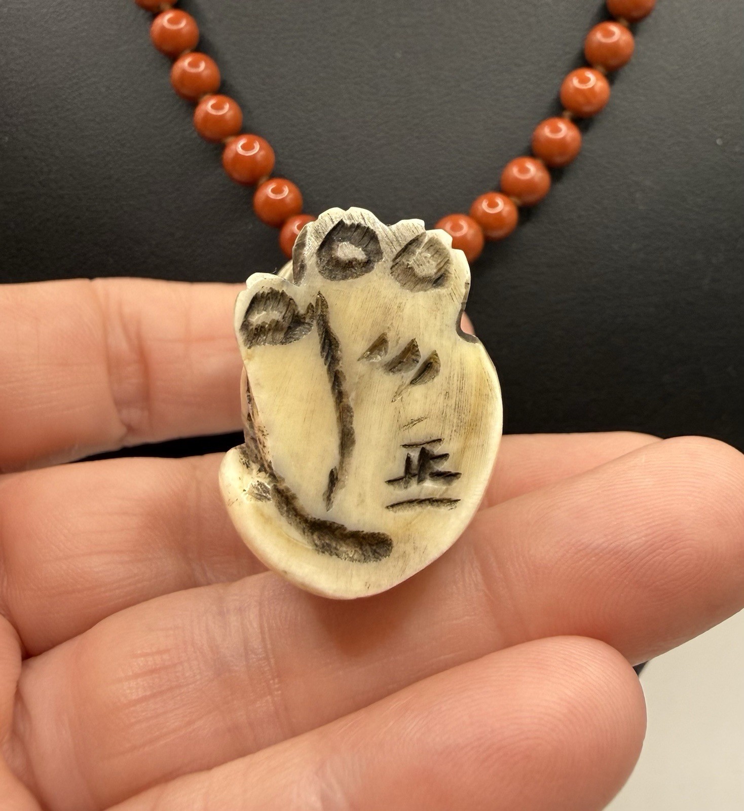 JKa Signed Jasper Necklace With Carved Tiger Netsuke Pendant Vintage Sterling